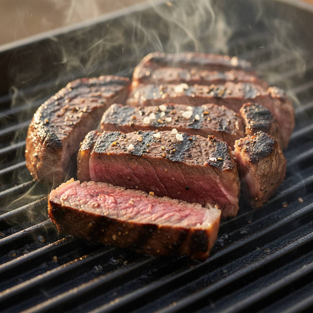 Grilled meat with smoke and char marks on dark cast iron