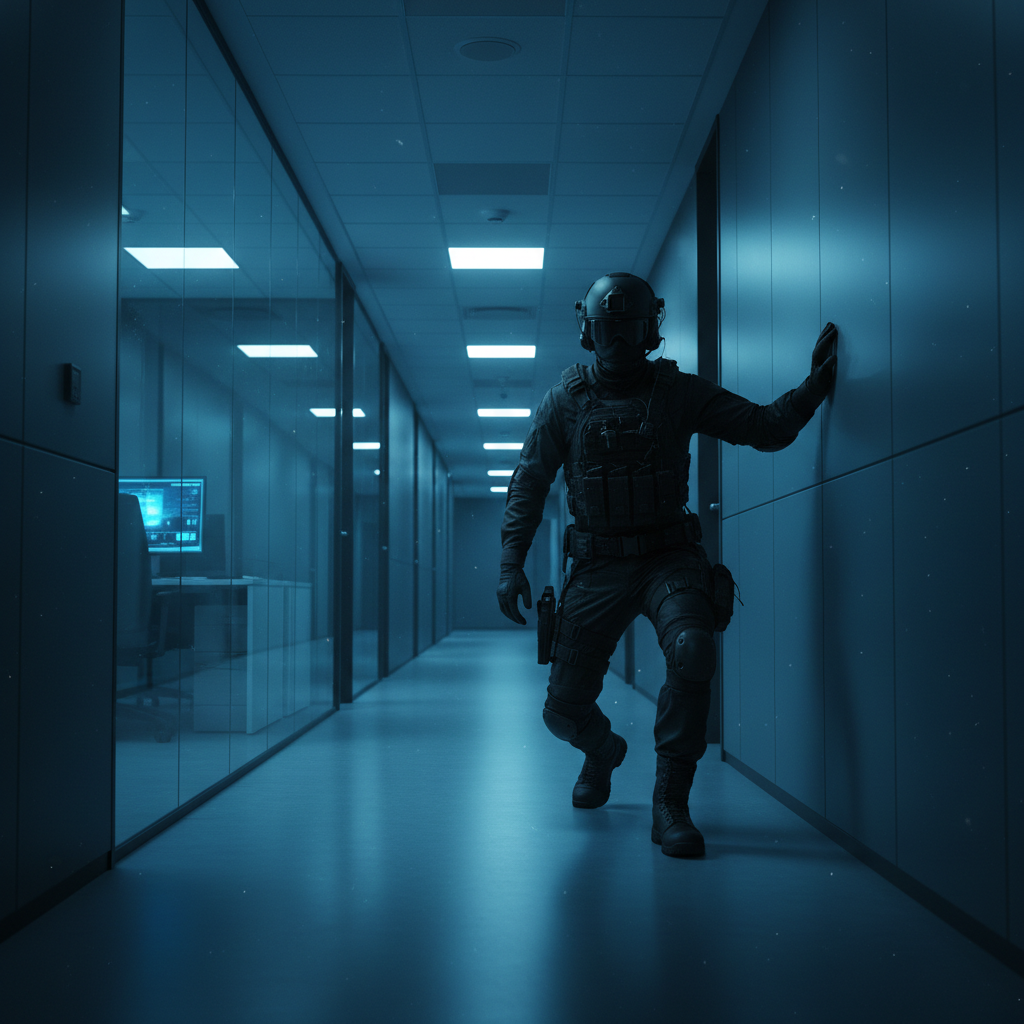 Professional security team in dark uniforms, serious expressions, dim corporate office hallway, low-key atmospheric lighting