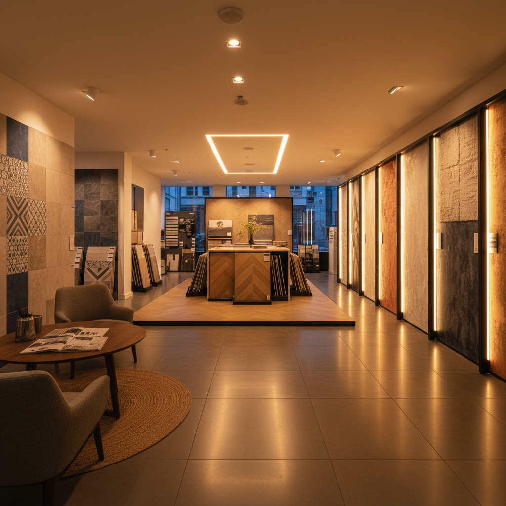Decorative tile showroom with patterned floor tiles displayed under moody ambient lighting, rich colors, dark walls
