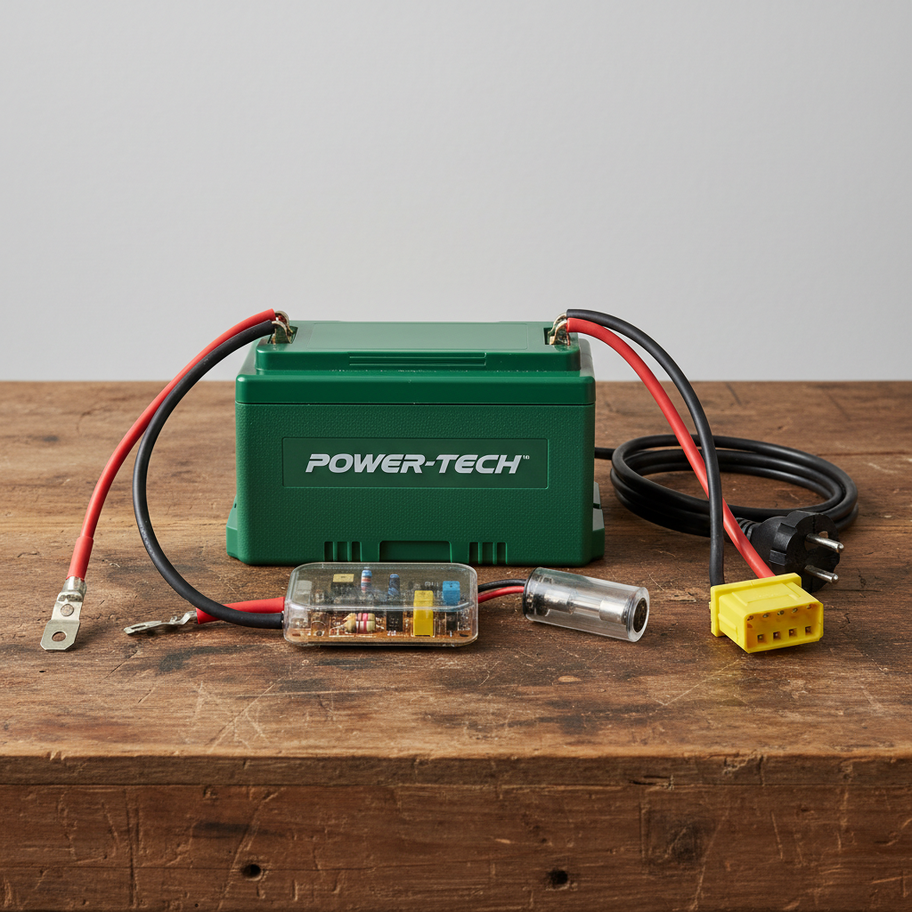 Lawn mower battery and electrical components on a service bench