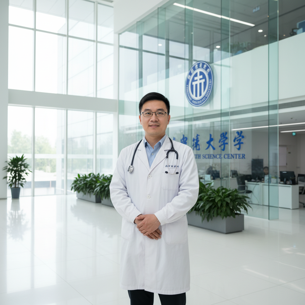 Male doctor in scrubs with stethoscope standing in hospital corridor