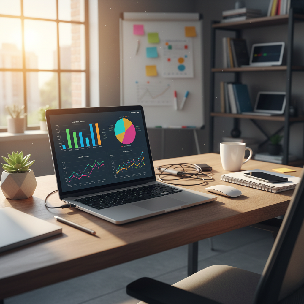 Jasper AI marketing analytics dashboard with colorful charts on bright office screen