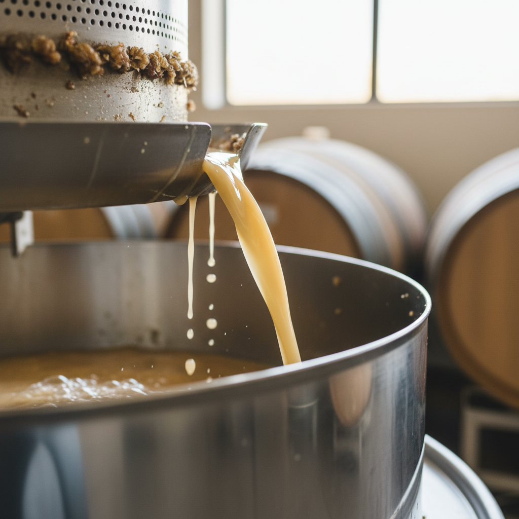 Clear pale gold Chardonnay juice running from a gentle press into a stainless steel tank, catching the morning light