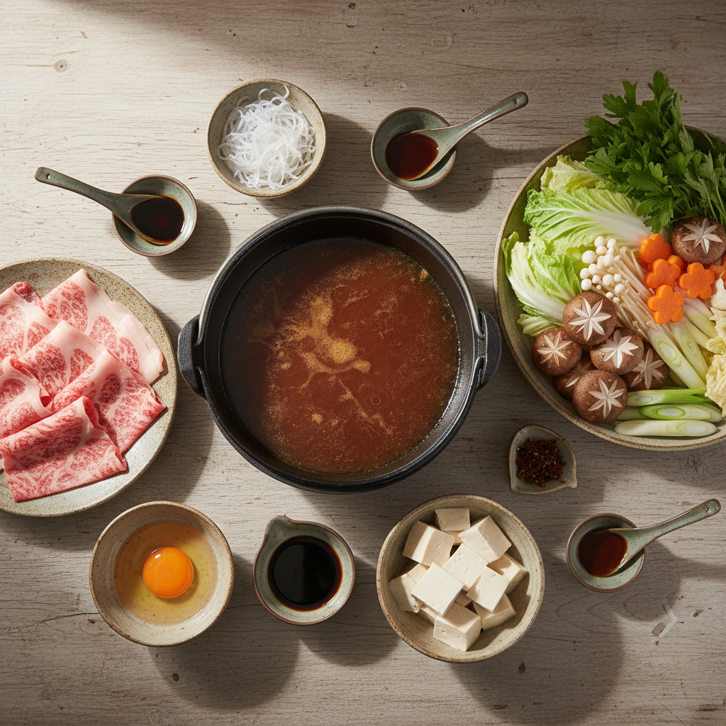 Japanese sukiyaki ingredients arranged in ceramic dishes on wooden table