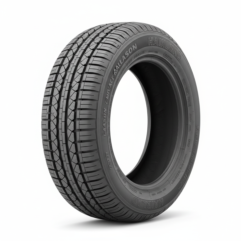 Passenger car tire closeup showing tread pattern for all-season use on sedans and SUVs