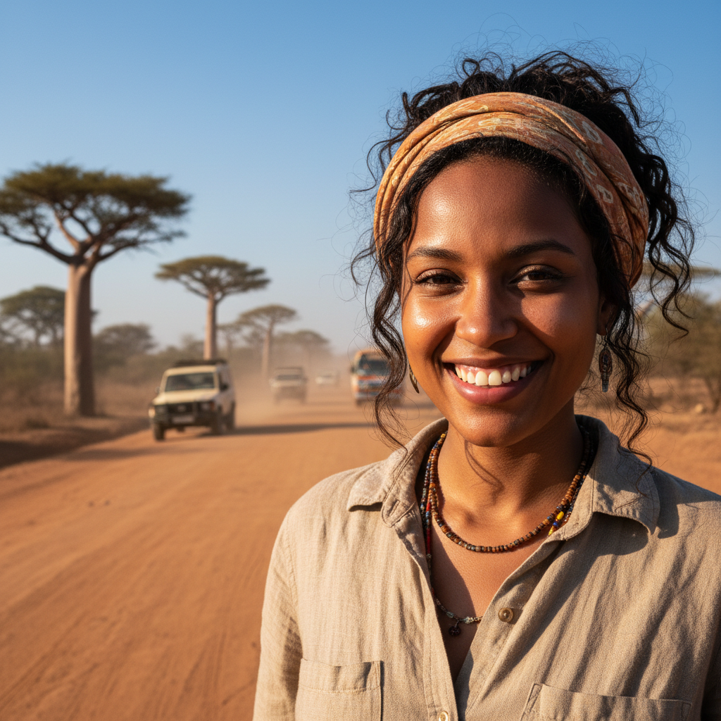 Young South Asian woman traveler with backpack smiling at camera against dusty African road backdrop