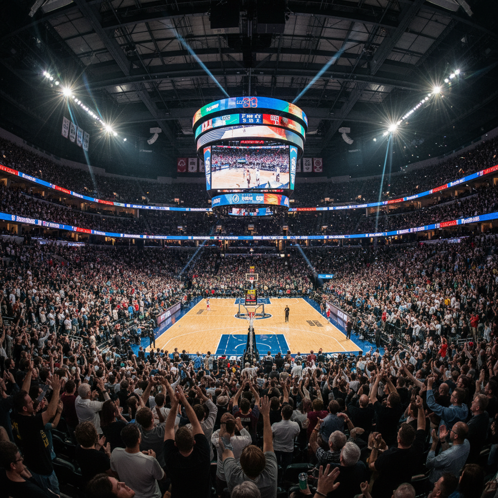 Packed indoor sports arena with crowd cheering and digital scoreboards lit up during a competitive match night