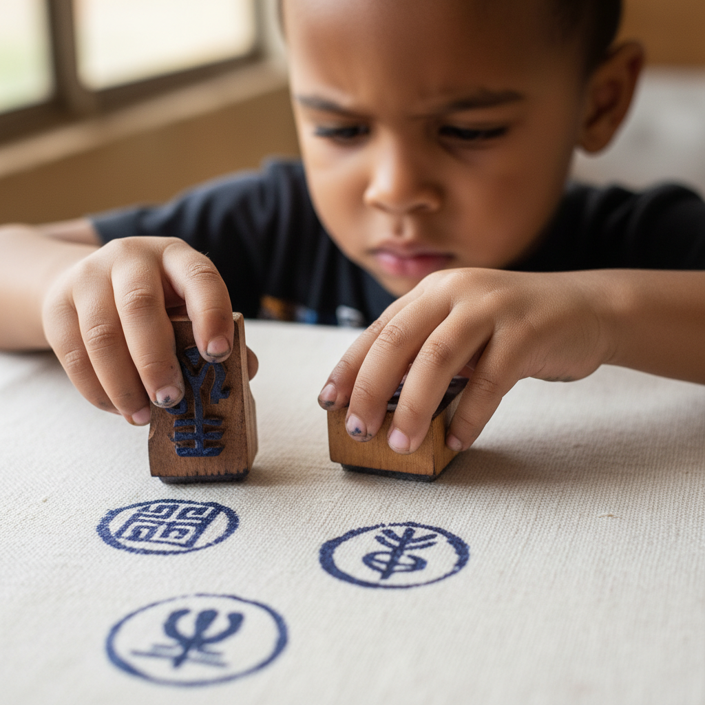 Child pressing Adinkra symbol stamps onto fabric with vibrant paint, concentrating intently