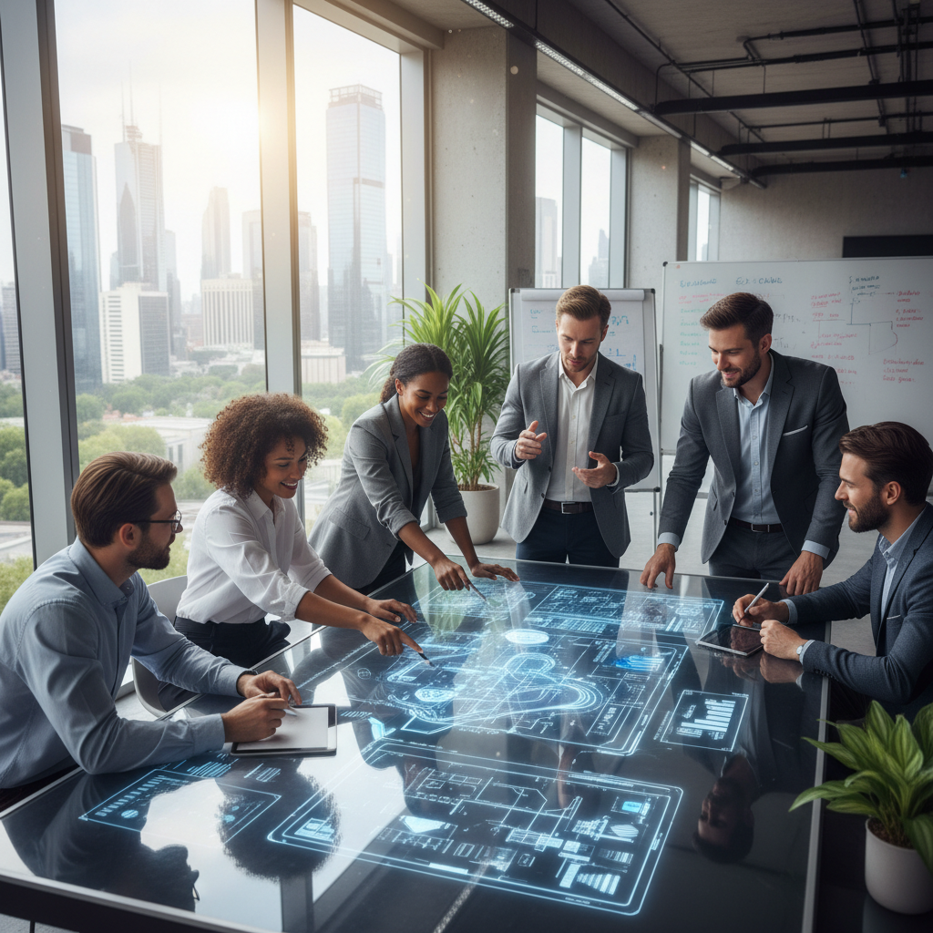 Team members collaborating and sharing vision for future innovation and growth