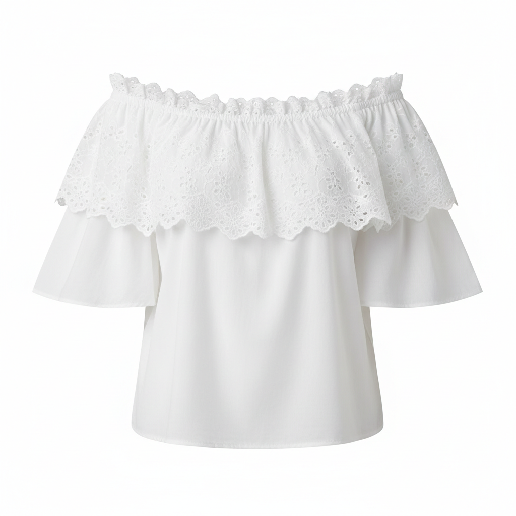 Blusa cropped tricot off-white com detalhes de renda, moda feminina clean