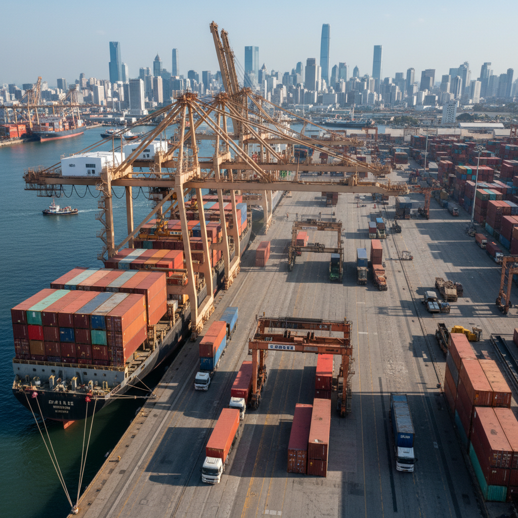 Aerial view of a busy freight shipping port with containers and trucks