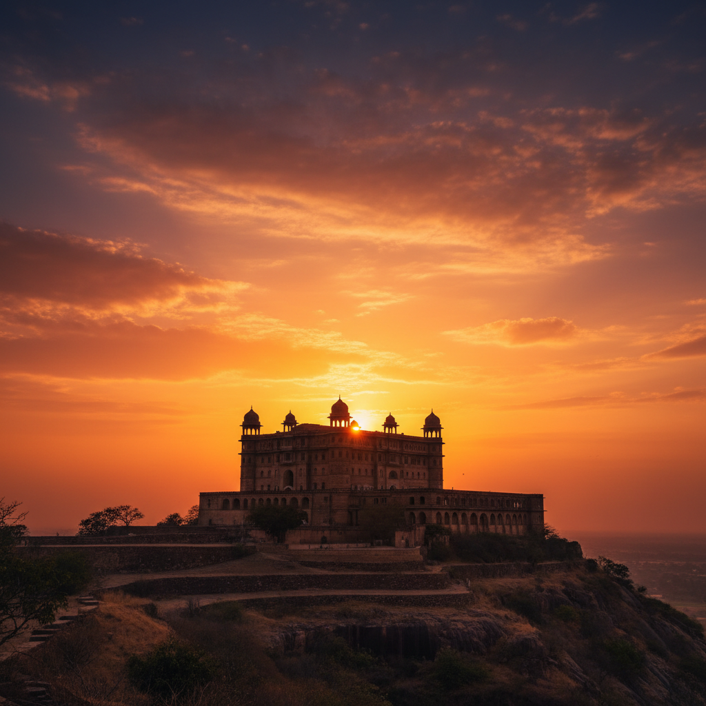 Sajjangarh Monsoon Palace silhouetted against dramatic orange sunset sky on Bansdara hilltop, Udaipur