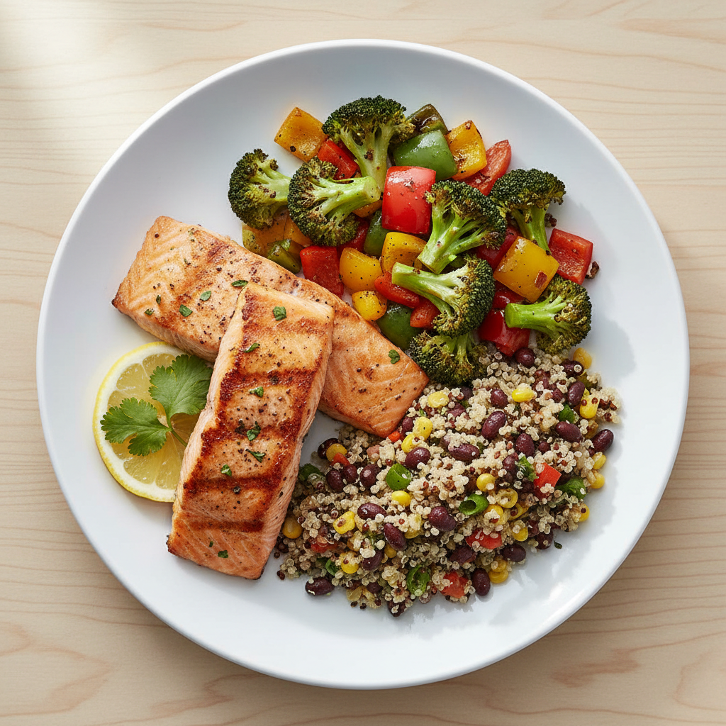 Colorful healthy meal prep with fresh vegetables, fruits and nutritious foods