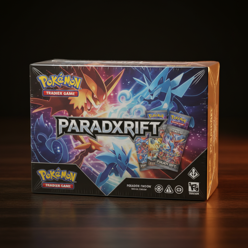 Sealed Pokémon booster display box on dark shelf with dim retail lighting