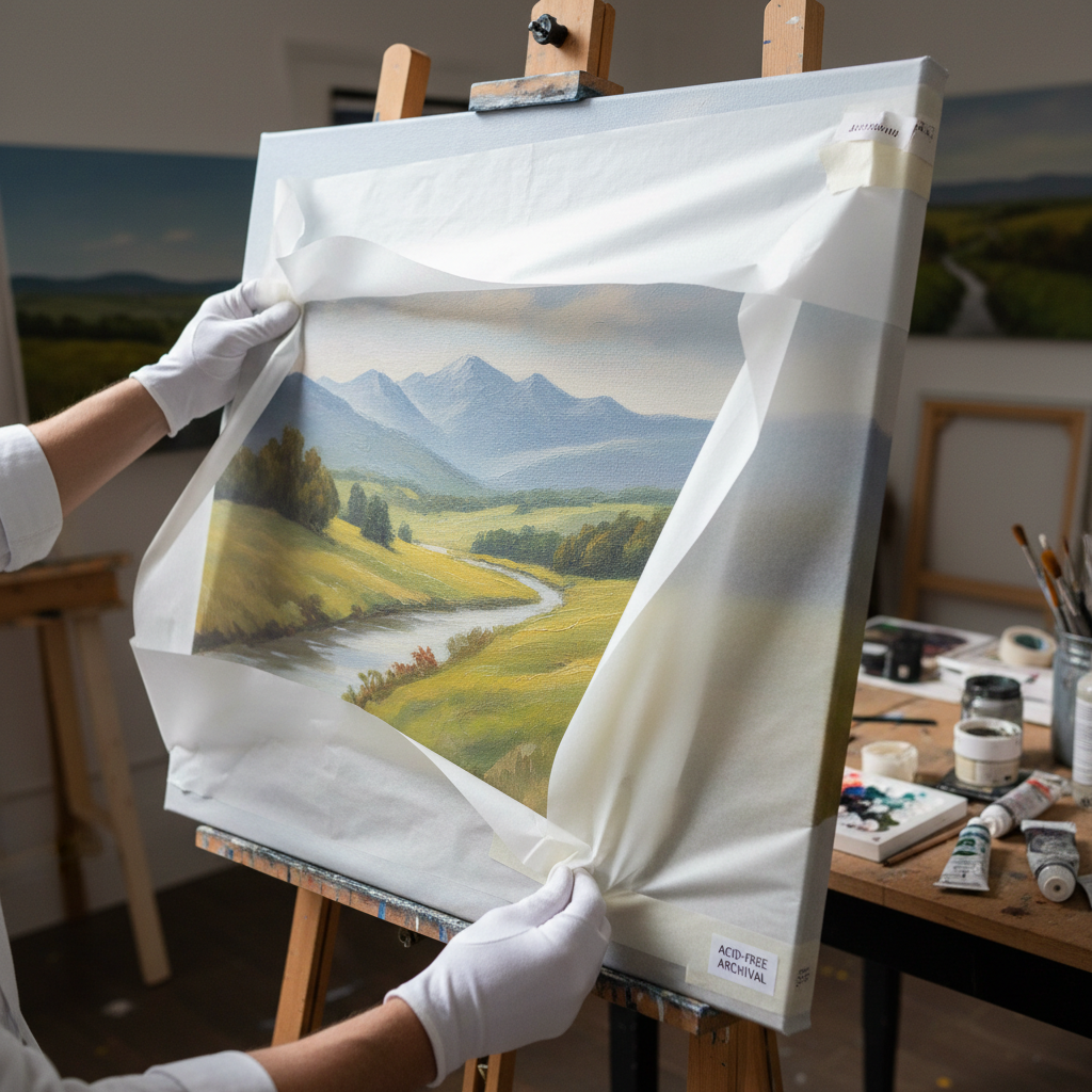 Acid-free archival tissue paper being carefully wrapped around a canvas painting