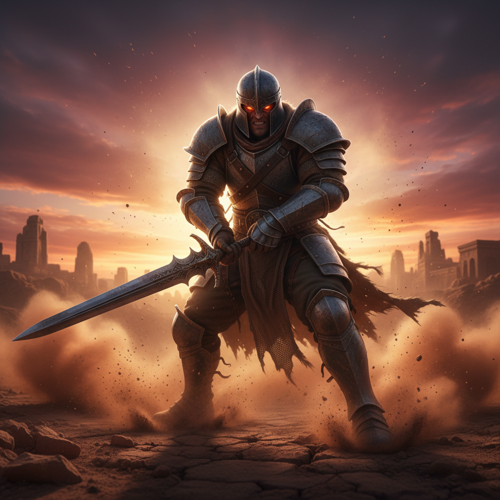 Game cinematic still — armored character emerging through volumetric dust with backlit rim lighting