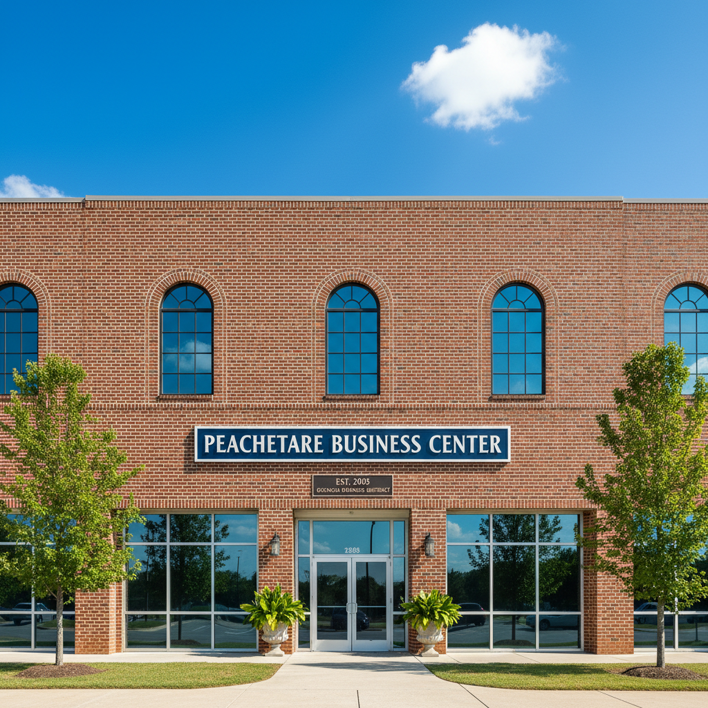 Commercial property building exterior in Georgia business district, brick facade, professional signage, clear daytime sky, established business presence