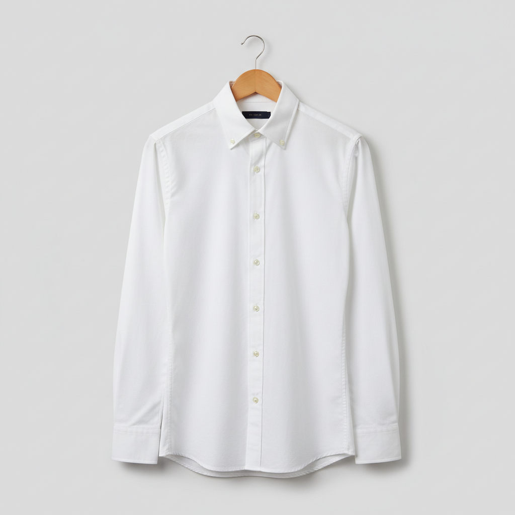 White oxford button-down shirt on clean hanger, minimal studio photography