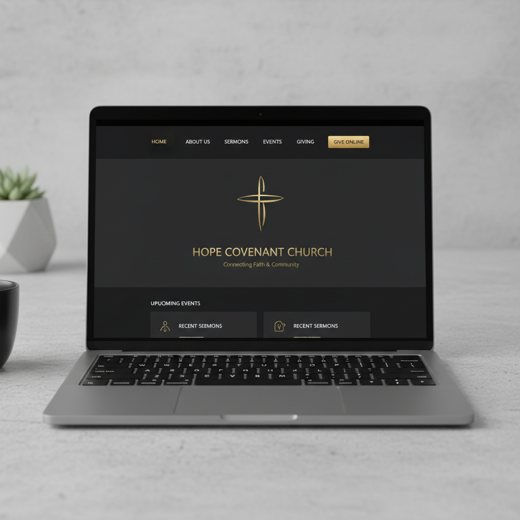 Modern church ministry website design on laptop, dark premium interface with gold accents, clean navigation and giving portal