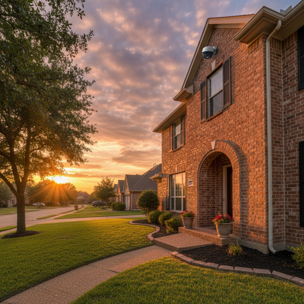 Modern residential house exterior at dusk, warm amber garden lights, security camera visible on wall corner, peaceful suburban neighborhood