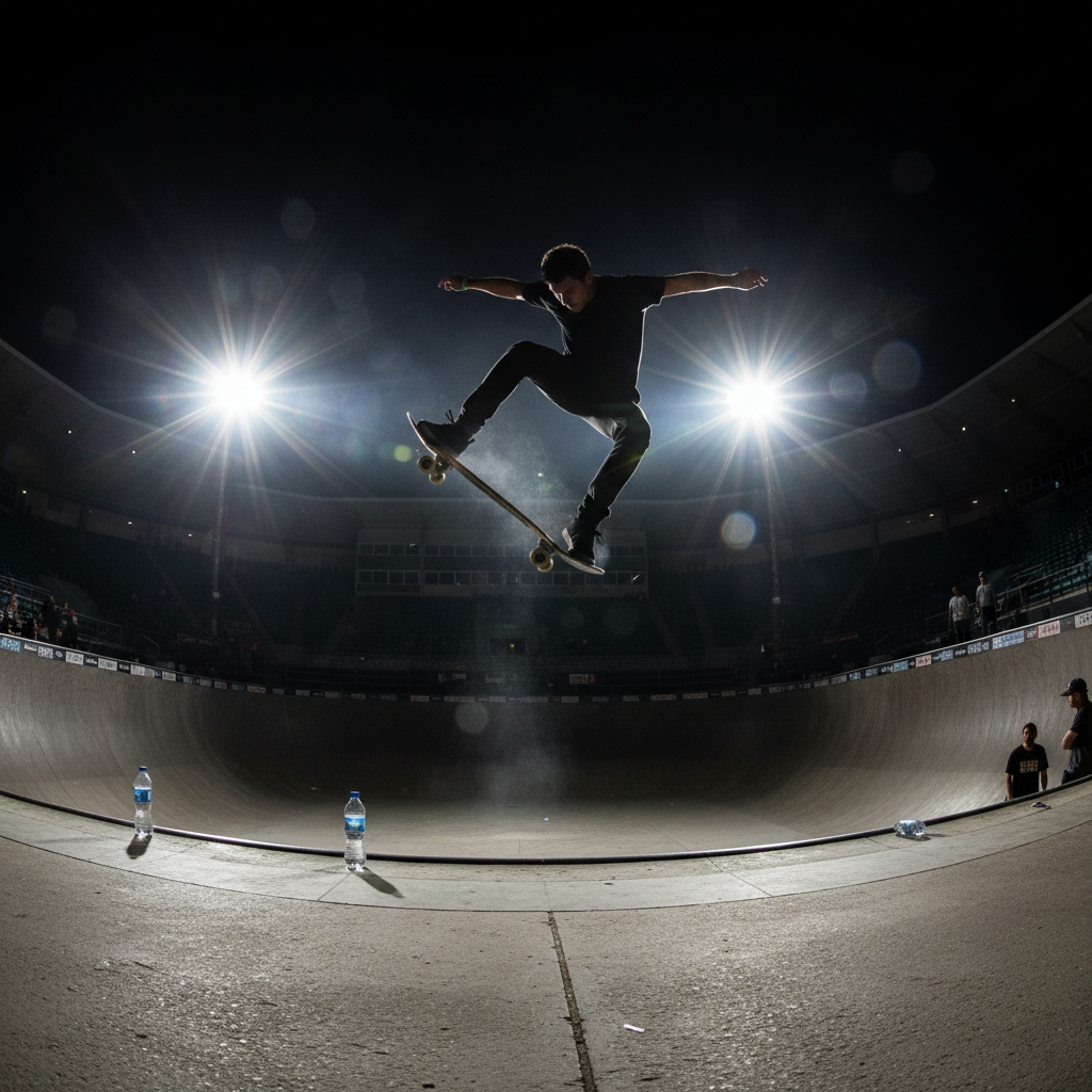 Skateboarder mid-heelflip ten feet above a halfpipe, body silhouetted against stadium floodlights