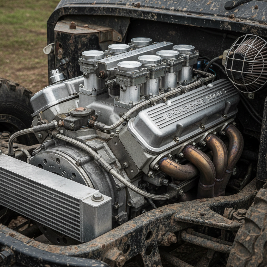 Diesel bakkie engine bay dark atmospheric shot, rugged pickup truck mechanical components, dim workshop lighting