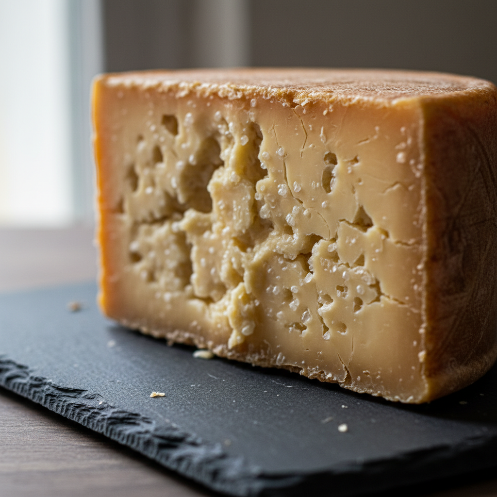 Cracked wheel of aged Comté cheese with crystalline texture on dark slate board