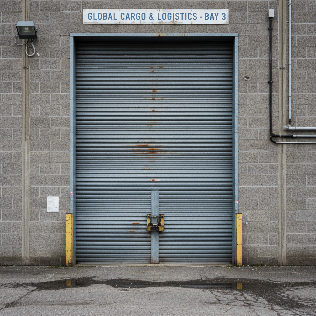 Industrial metal roller shutter door on warehouse building exterior