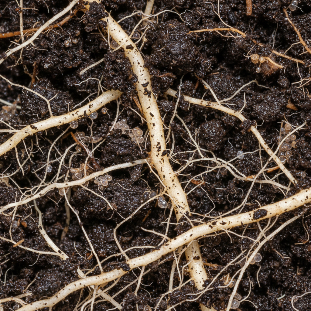 Dense healthy tropical plant roots macro close-up, white mycorrhizal colonization visible, dark background