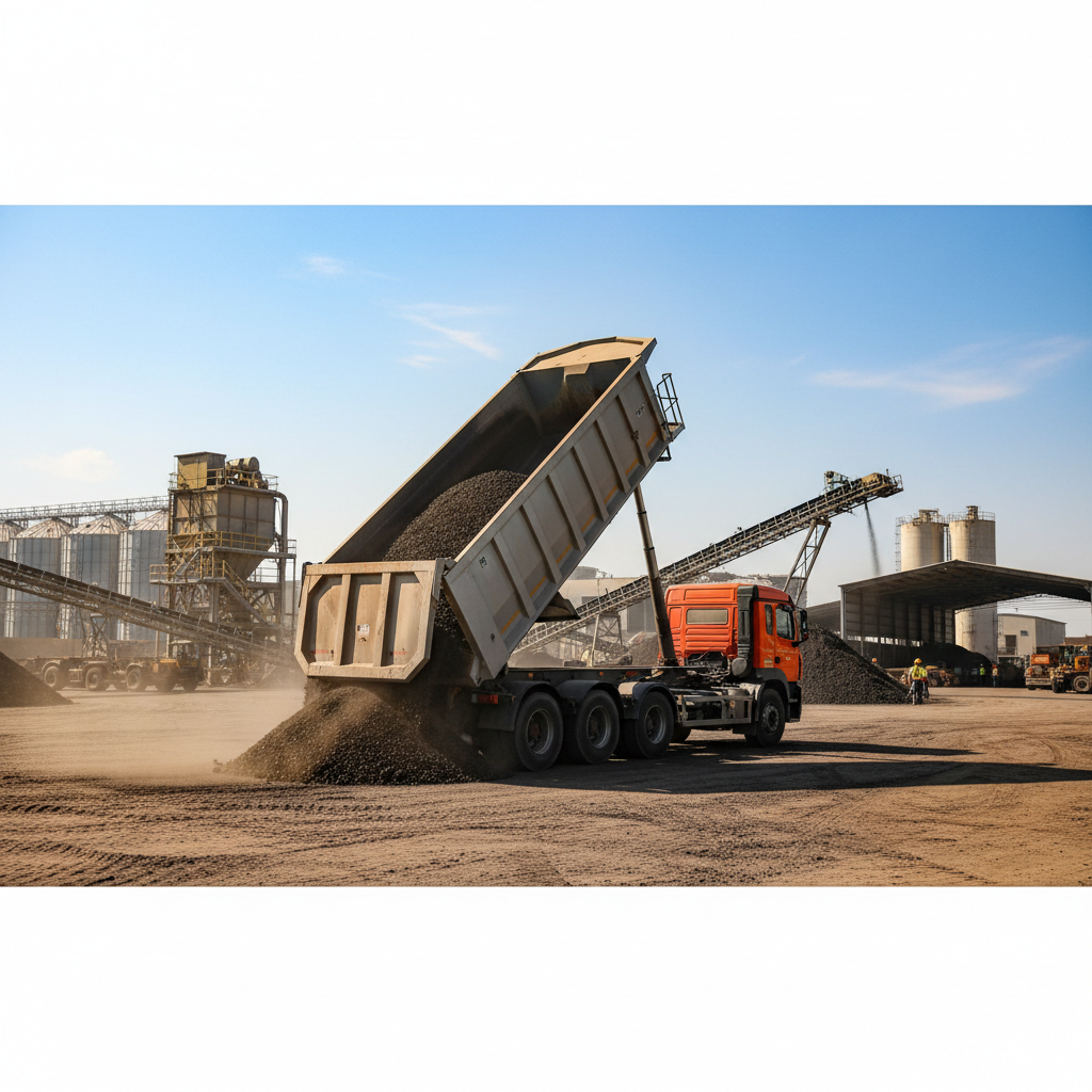 Side tipper truck unloading bulk commodity at a logistics facility, industrial transport operations