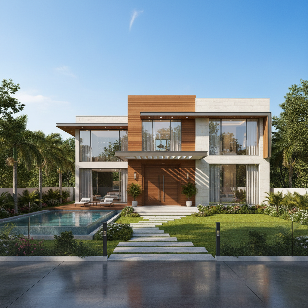 Luxury South Florida residential home with palm trees and manicured landscaping in warm afternoon light