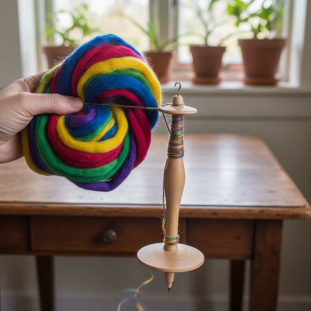 Small wooden Turkish-style drop spindle with notched top on cream linen background