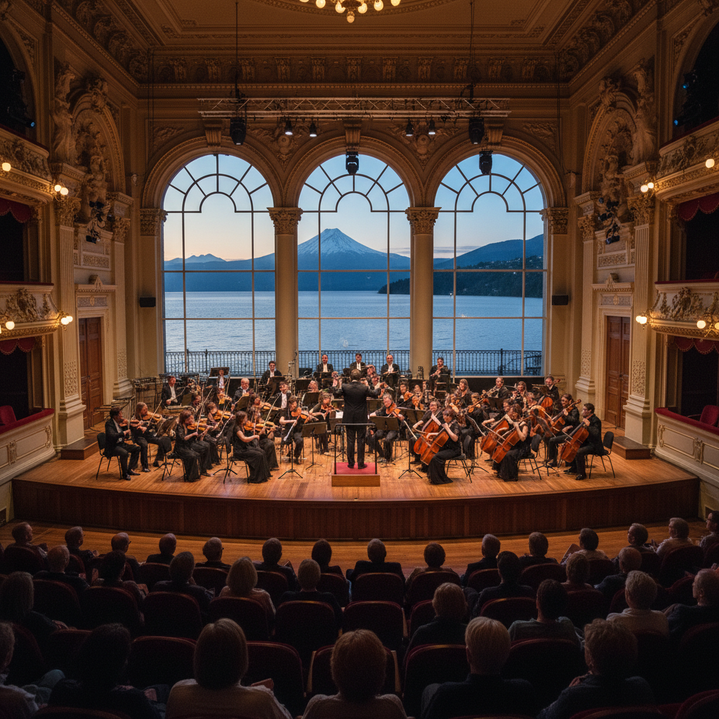 Concierto de música clásica en teatro con vista al lago Llanquihue