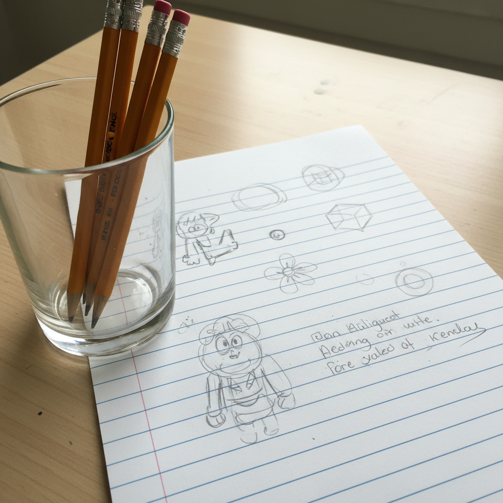 Basic HB school pencils in a cup with rough sketches on lined paper