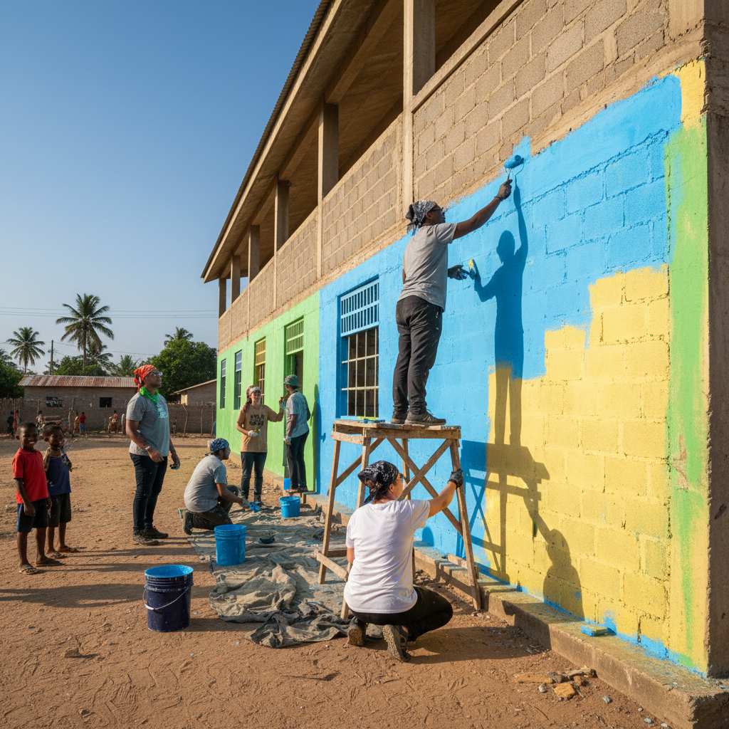 Mission team painting a school building exterior in Kampala, Uganda