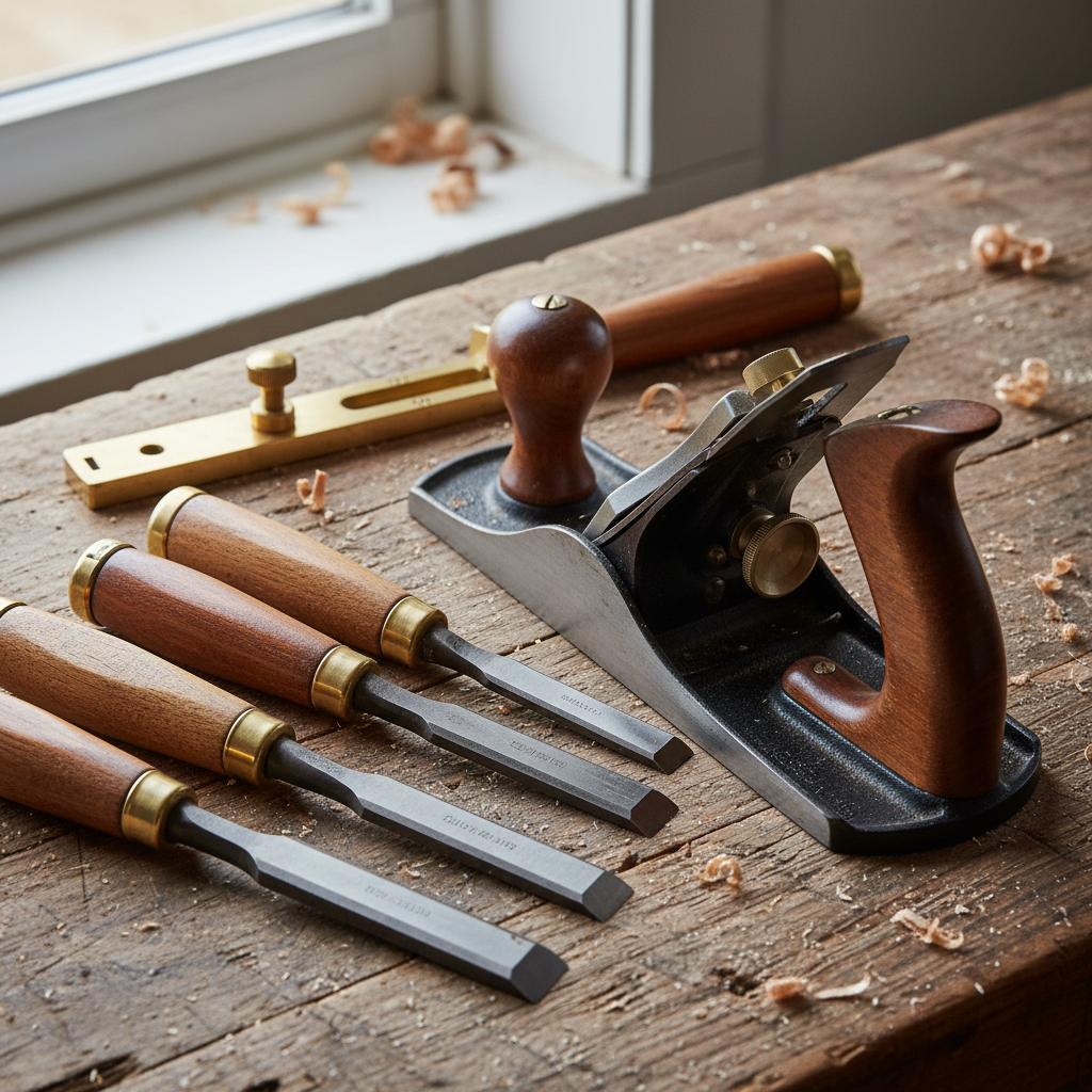 Close-up of hand tools laid out on a wooden workbench — a hand plane, chisels, and a marking gauge