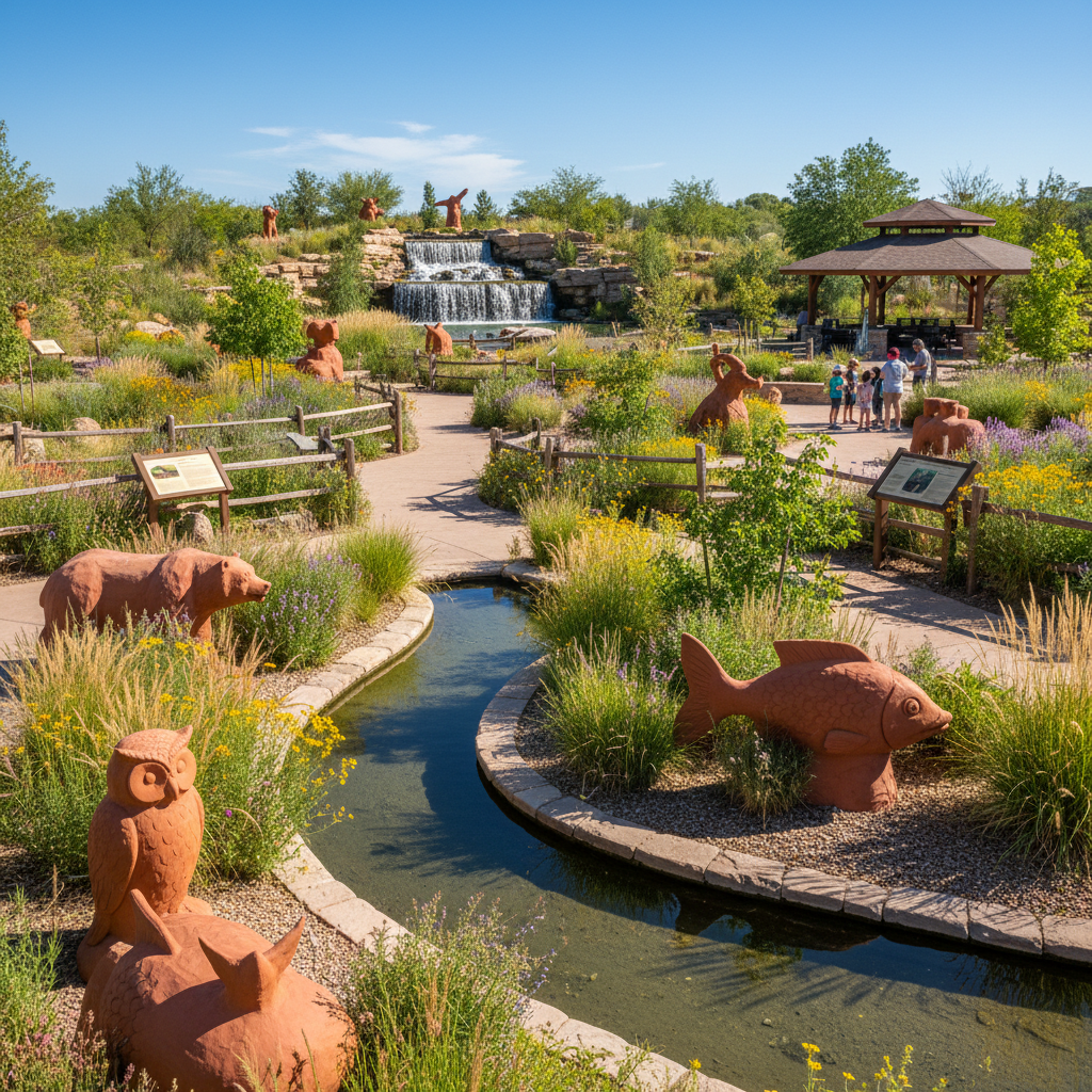 Educational nature park with water features, clay sculptures and native plants, bright open air space