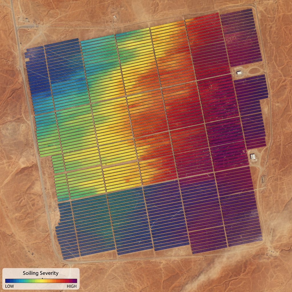 Satellite view of solar plant showing dust distribution heat map overlay with colored zones indicating soiling severity