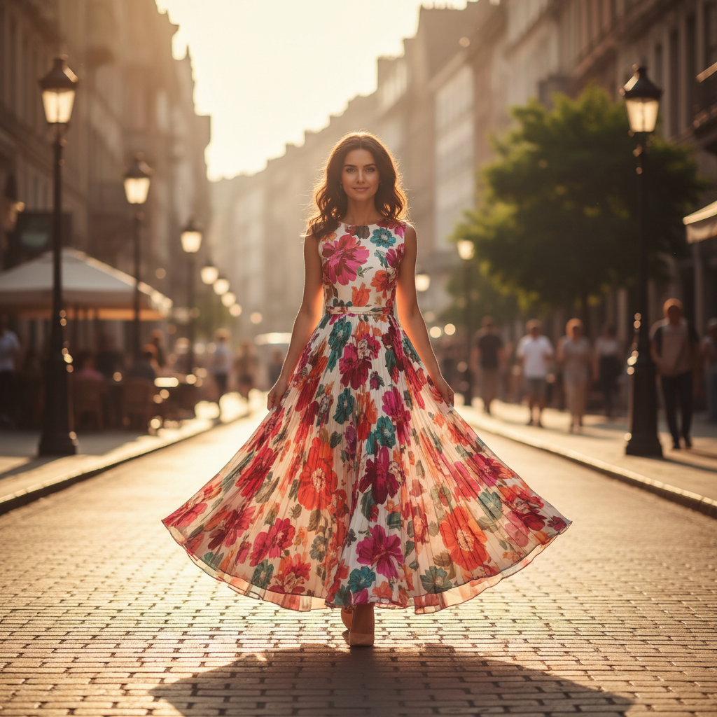 Woman in colorful summer dress walking in bright outdoor setting
