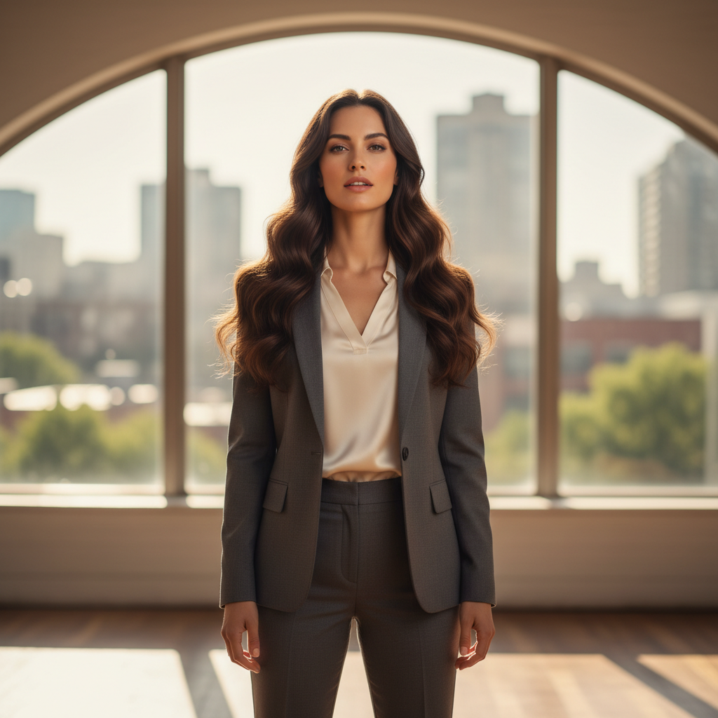 Confident leader standing at window overlooking city, bright natural light, composed and purposeful