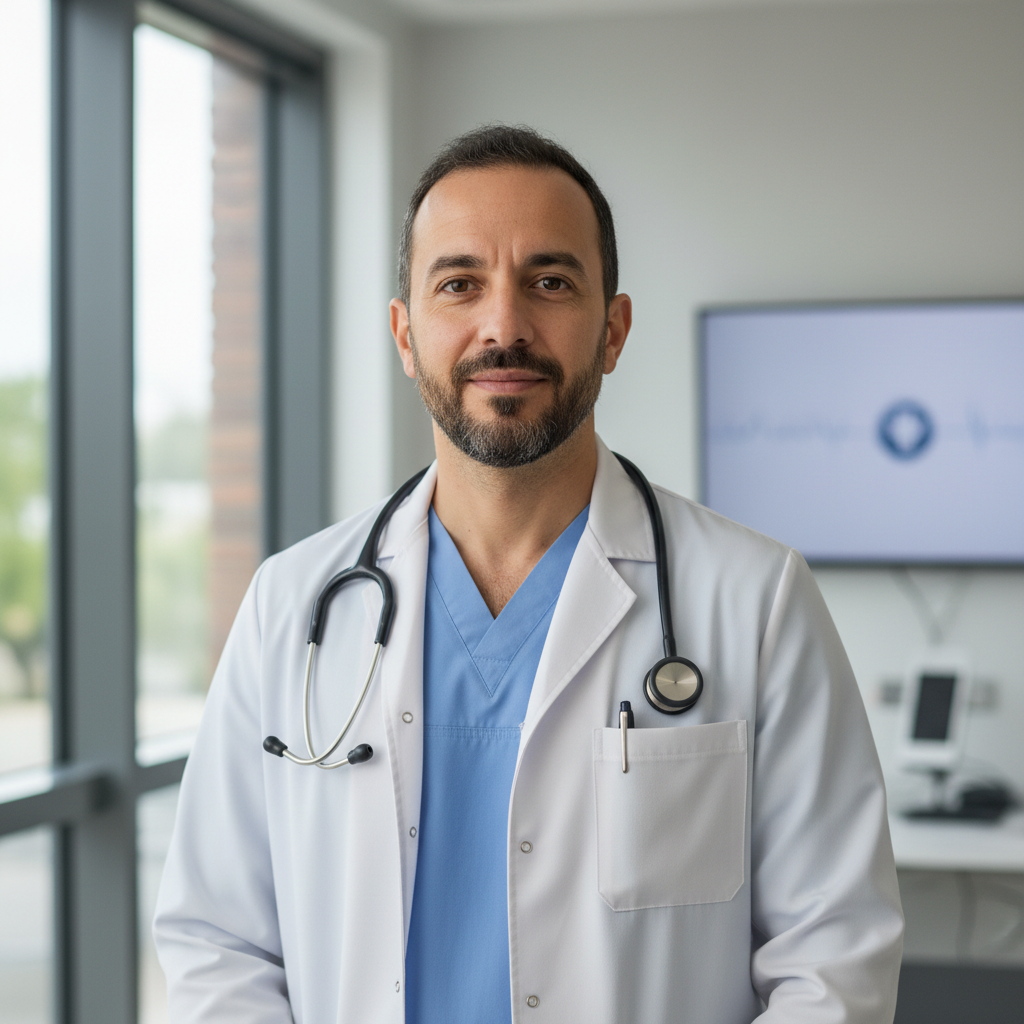 Male doctor in blue scrubs with stethoscope