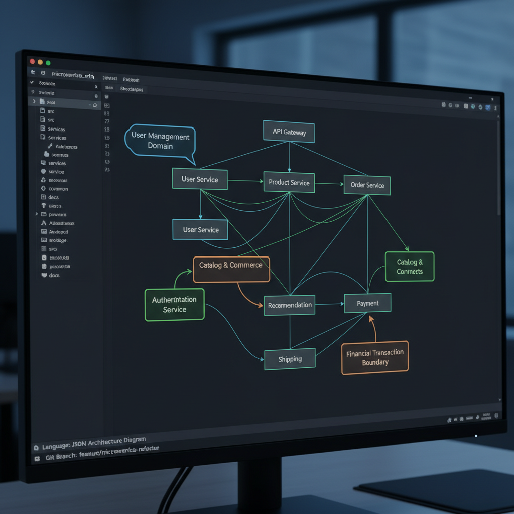 AWS cloud architecture diagram on laptop screen showing interconnected services and microservices topology