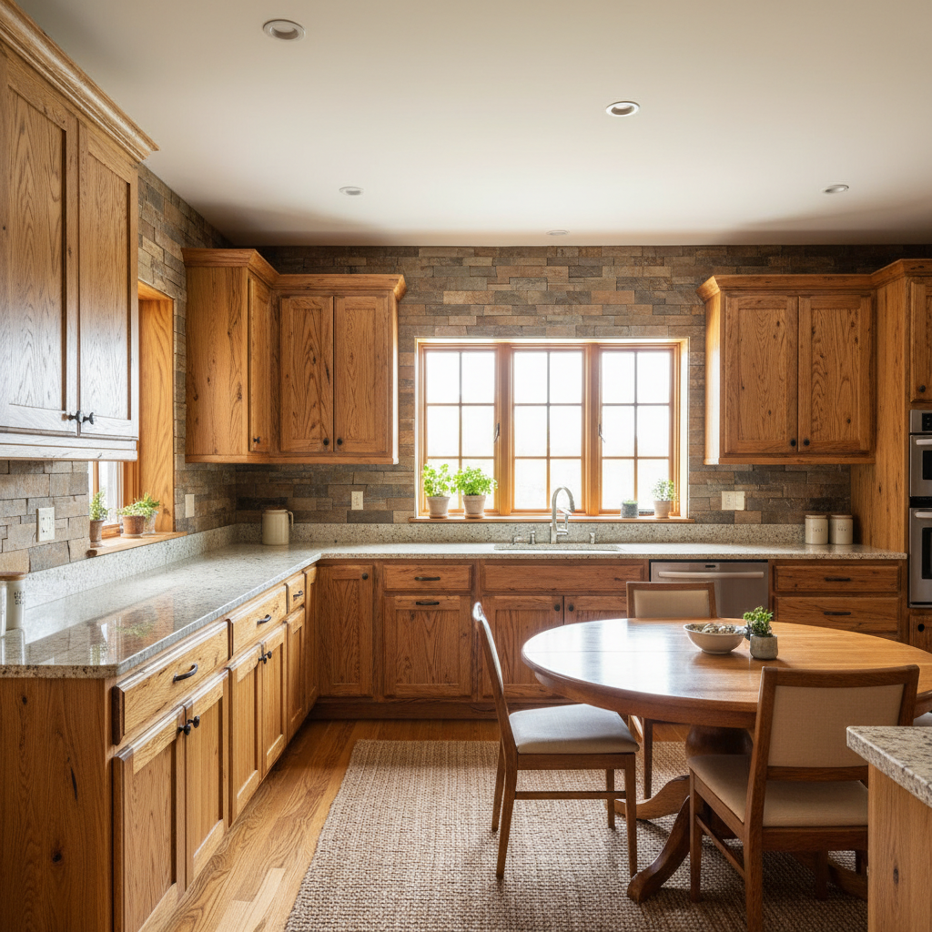 Cocina de madera de roble natural con iluminación cálida empotrada, encimera de piedra clara, ambiente luminoso y cálido