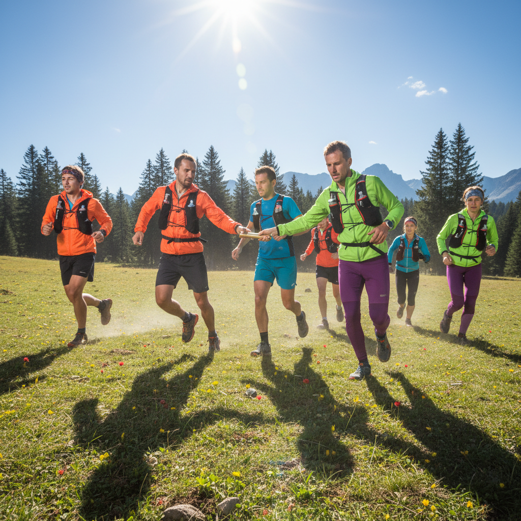 Group of campers running in a relay race on a sunny morning