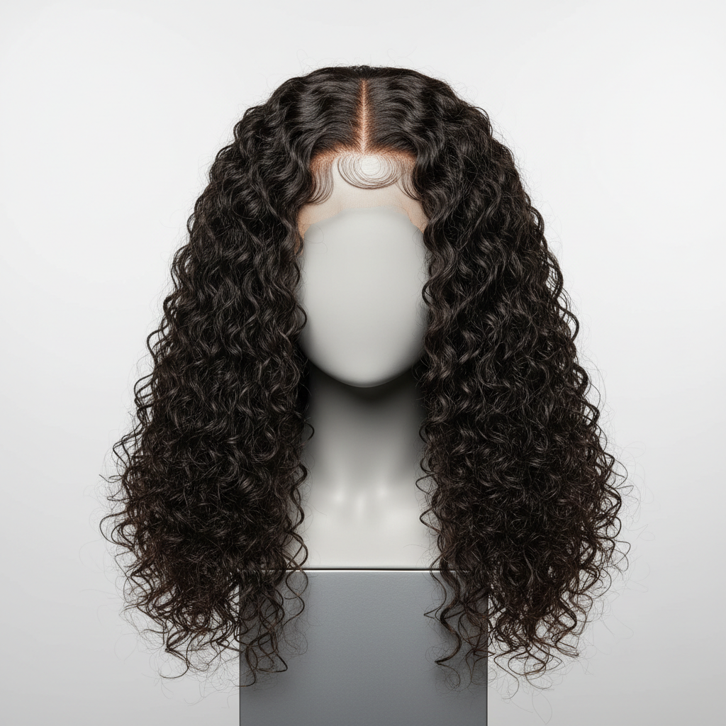 Mannequin with thick lustrous Brazilian hair weave in dark moody studio lighting, dramatic shadows