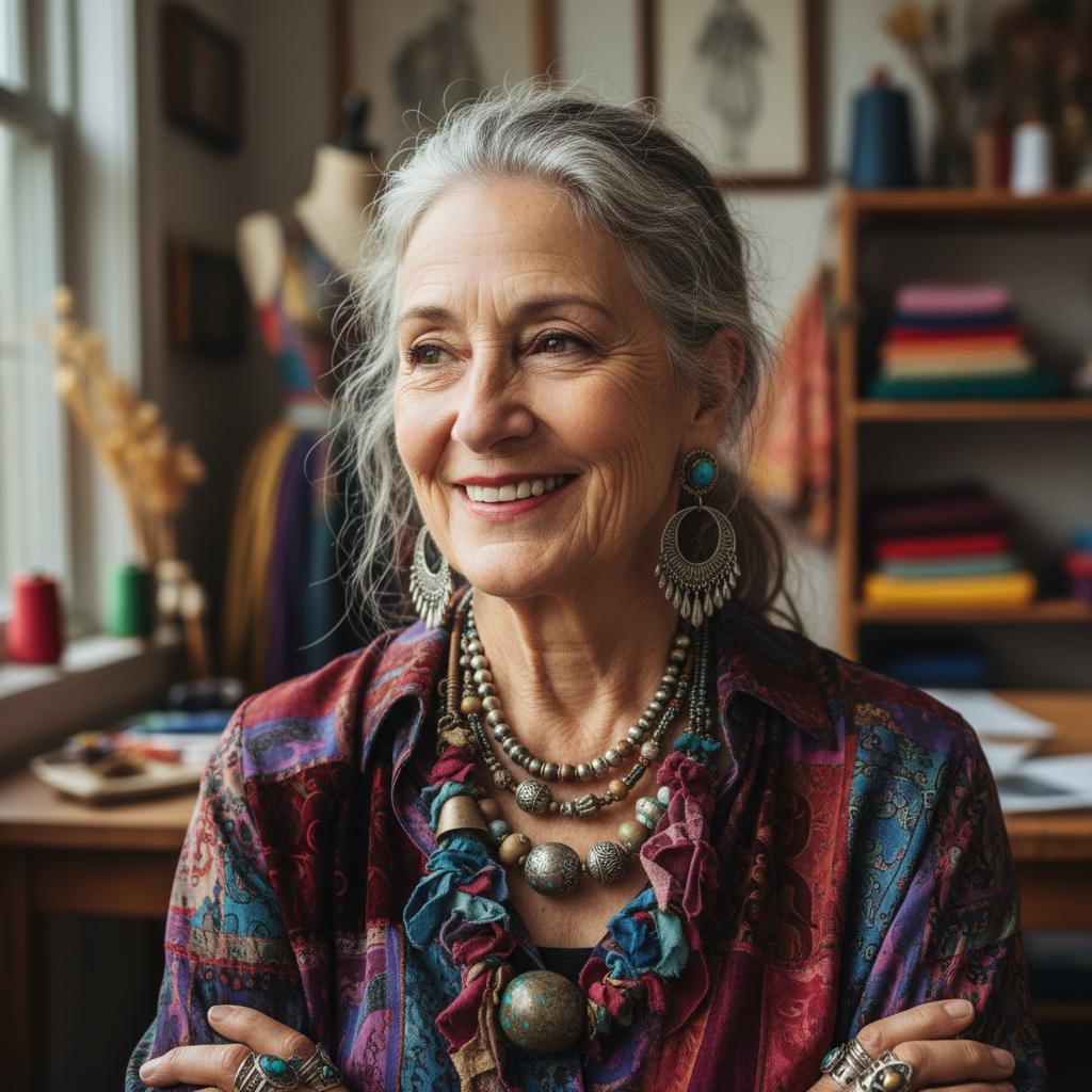 Paloma Nakashima, retired costume designer with silver-streaked hair and bold jewelry