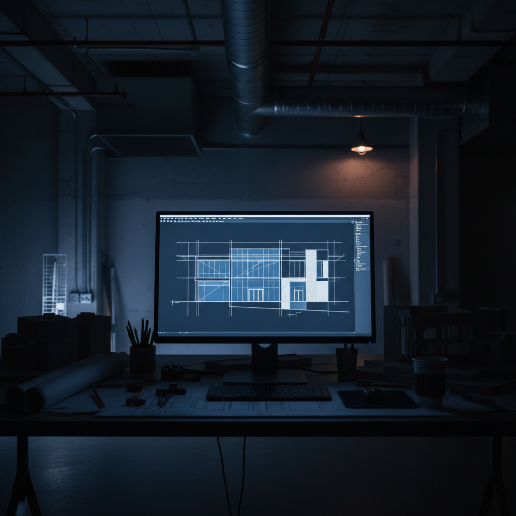 Industrial 3D CAD mechanical model rendering on screen, dark studio lighting, precision engineering parts