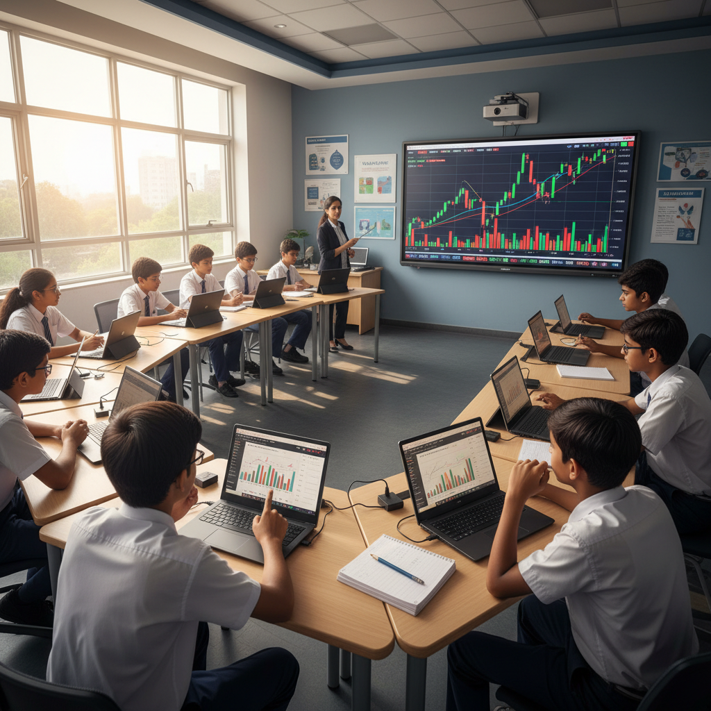 Professional trading classroom with students learning market analysis on multiple screens