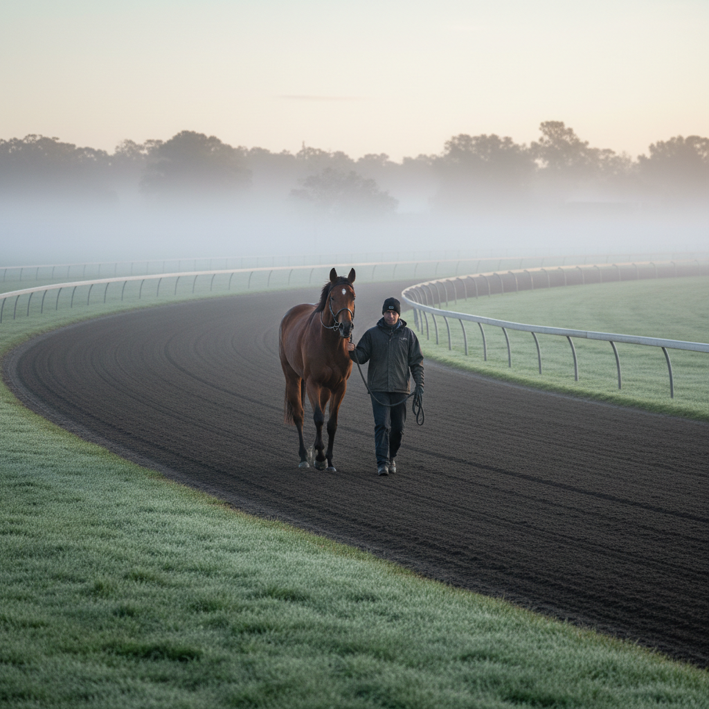 Salty Pearl being led by strapper at early morning track work session, misty conditions at Caulfield