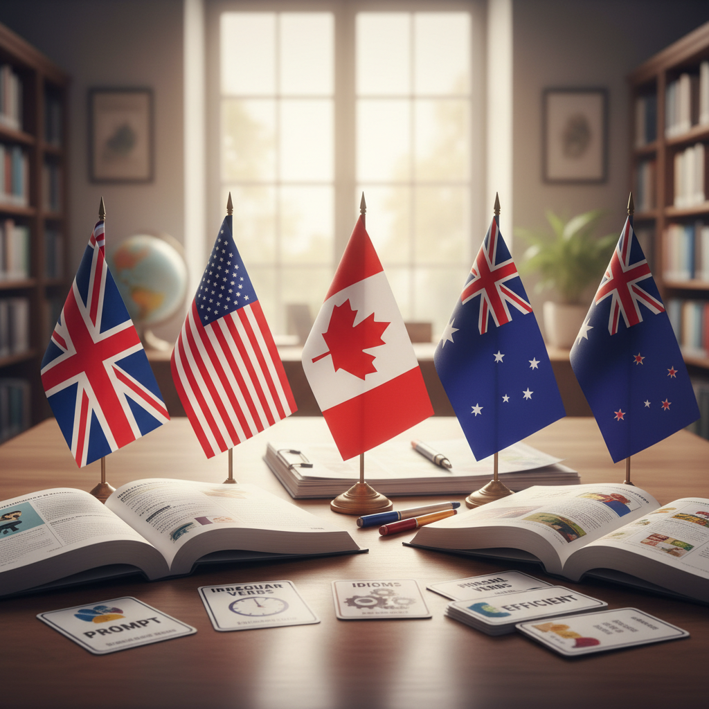 Language learning flashcards and vocabulary study materials spread on table